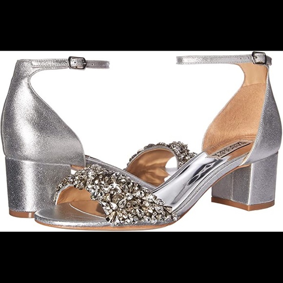 Badgley Mischka Shoes - Badgley Mischka Vega Silver Leather Ankle Strap Embellished Block Heel NEW 8